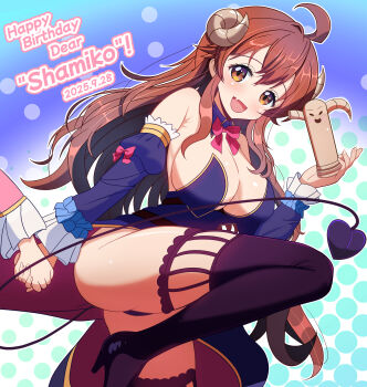 2girls absurdres black_shoes black_thighhighs blush boots breasts chiyoda_momo commentary_request demon_girl demon_horns demon_tail gratin_(kumaisao) happy_birthday high_heel_boots high_heels highres holding_hands horns large_breasts leg_up lilith_(machikado_mazoku) lilith_(statue)_(machikado_mazoku) long_hair machikado_mazoku multiple_girls open_mouth red_eyes red_hair shoes smile solo_focus standing statue tail thigh_boots thighhighs yoshida_yuuko