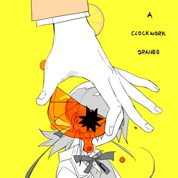 1girl collared_shirt commentary_request covering_face english_text food fruit greyscale_with_colored_background hair_ribbon highres holding holding_food holding_fruit jacket limited_palette long_sleeves low_ponytail medium_hair mini_person minigirl mk1liaoqian neck_ribbon open_clothes open_jacket orange_(fruit) orange_slice original out_of_frame partially_colored ponytail ribbon school_uniform shirt short_ponytail simple_background solo_focus spot_color surreal translucent upper_body yellow_background