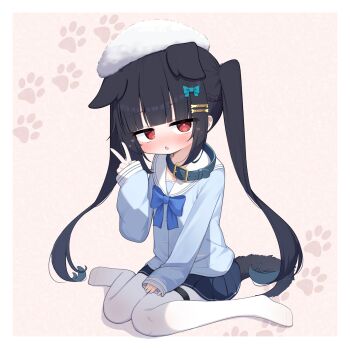 1girl absurdres animal_collar animal_ears belt_collar black_hair blue_bow blue_collar blue_nails blue_shirt blue_skirt blush bone_hair_ornament bow collar commentary_request dog_ears dog_girl dog_tail flat_chest full_body hair_bow hair_ornament hairclip hat heart heart-shaped_pupils highres large_variant_set long_hair looking_at_viewer miniskirt mizuki_wao_(waon_(43ctw)) nail_polish no_shoes open_mouth original paid_reward_available pantyhose parallel_hairclips pleated_skirt red_eyes sailor_collar sailor_shirt school_uniform serafuku shirt sitting skirt sleeves_past_wrists solo symbol-shaped_pupils tail thigh_strap twintails v variant_set waon_(43ctw) wariza white_hat white_pantyhose white_sailor_collar