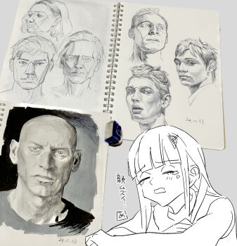 2girls 6+boys art_study blunt_bangs closed_eyes closed_mouth commentary_request crossed_arms crying dated hair_ornament highres inset long_hair looking_ahead looking_at_viewer mchonmchon monochrome multiple_boys multiple_girls open_mouth original parted_lips photo_(medium) profile short_hair sidelocks sleeveless solo_focus translation_request