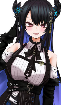 1girl asymmetrical_horns black_hair blue_hair blush breasts clothing_cutout colored_inner_hair crystal_horns demon_horns feather-trimmed_jacket flower gloves hair_ornament highres hololive hololive_english horn_flower horns large_breasts long_hair looking_at_viewer mole mole_under_eye multicolored_hair natsume_mina nerissa_ravencroft nerissa_ravencroft_(1st_costume) red_eyes shirt shoulder_cutout smile solo tassel tassel_hair_ornament two-tone_hair uneven_horns very_long_hair virtual_youtuber