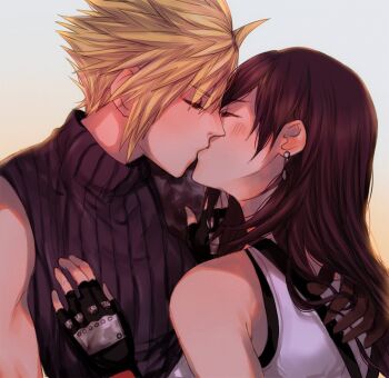 1boy 1girl bare_shoulders black_gloves black_hair blonde_hair blush closed_eyes cloud_strife commentary couple earrings english_commentary final_fantasy final_fantasy_vii final_fantasy_vii_rebirth final_fantasy_vii_remake fingerless_gloves gloves hand_on_another&#039;s_back hand_on_another&#039;s_chest hetero jewelry kiss long_hair profile ribbed_sweater sera_(serappi) short_hair single_earring sleeveless sleeveless_turtleneck spiked_hair sweater tank_top tifa_lockhart turtleneck turtleneck_sweater upper_body white_tank_top