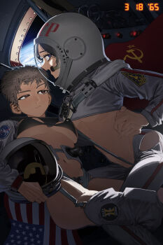 1965 2girls :/ adapted_uniform alternate_costume american_flag arm_around_waist astronaut bikini black_bikini black_hair blue_eyes breasts breasts_apart bright_pupils brown_eyes brown_hair commentary communism earth_(planet) emblem english_commentary freckles garter_belt garter_straps girls_und_panzer hammer_and_sickle hand_on_another's_hip helmet highres holding holding_hands logo long_sleeves medium_breasts multiple_girls naomi_(girls_und_panzer) nasa nasa_logo navel nonna_(girls_und_panzer) open_mouth planet pzkpfwi red_flag red_light revision short_hair skindentation soviet soviet_flag space space_helmet space_shuttle spacecraft spacesuit stomach string_bikini swept_bangs swimsuit teeth thighhighs timestamp tomboy underboob united_states very_short_hair white_pupils yuri