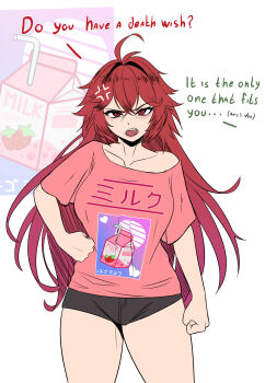 Rule 34 | 1girl, absurdres, ahoge, anger vein, black shorts, breasts, collarbone, goddess of victory: nikke, hair between eyes, hair intakes, highres, large breasts, long hair, looking at viewer, nihilister (nikke), off shoulder, open mouth, red eyes, red hair, red shirt, shirt, short shorts, shorts, sidelocks, solo, syde b