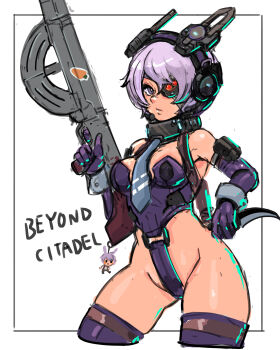 1girl absurdres adapted_costume beyond_citadel breasts chanawee commentary crotch_strap english_commentary gloves gun headset highres holding holding_gun holding_karambit holding_weapon karambit looking_at_viewer martyr_(the_citadel) medium_breasts metal_eyepatch necktie playboy_bunny purple_eyes purple_gloves purple_hair purple_thighhighs revealing_clothes shiny_skin short_hair simple_background solo standing the_citadel thighhighs weapon white_background