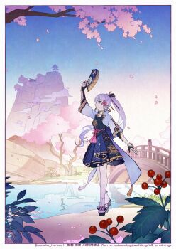 1girl apollo_hotori arm_up ayaka_(genshin_impact) berry blue_eyes blue_skirt blue_sky border bridge cherry_blossoms commentary_request cropped_jacket falling_petals genshin_impact hand_fan highres holding holding_fan jacket looking_ahead mole mole_under_eye mountain open_clothes open_jacket outdoors petals river sandals skirt sky socks solo tabi twitter_username watermark white_border white_hair white_jacket white_socks wooden_bridge