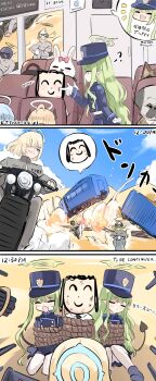 absurdres ahoge animal_ears black_fur black_shoes blonde_hair blue_archive blue_eyes blue_hair blue_halo blue_sky bound brown_fur cat cat_ears cheek_poking closed_eyes cloud comic commentary demon_horns demon_tail desert dog dog_ears doodle_sensei_(blue_archive) door dust_cloud earrings explosion gloves green_hair green_halo gun halo hat helmet highlander_railway_academy_logo highres hikari_(blue_archive) horns jewelry long_hair machine_gun midriff motor_vehicle motorcycle motorcycle_helmet multiple_unit_train nekoya_(liu) nozomi_(blue_archive) on_motorcycle pink_ribbon pointy_ears poking pug rabbit rabbit_ears railroad_tracks ribbon rope sand_dune sensei_(blue_archive) shadow shoes short_hair siblings single_earring sisters sitting sky speaker surrounded_by_guns sweatdrop tail tied_up_(nonsexual) train train_conductor translated twins twintails very_long_hair weapon white_fur white_gloves yellow_eyes yellow_halo
