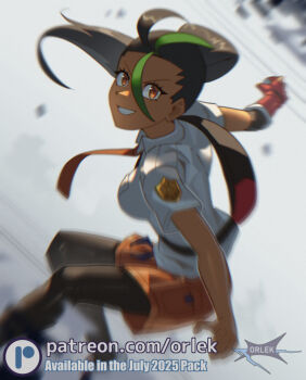 1girl black_hair black_leggings breasts collared_shirt dark-skinned_female dark_skin freckles gloves green_hair holding holding_poke_ball leggings leggings_under_shorts long_hair looking_at_viewer medium_breasts multicolored_hair naranja_academy_school_uniform necktie nemona_(pokemon) nintendo open_mouth orange_necktie orange_shorts orlek poke_ball poke_ball_(basic) pokemon pokemon_sv ponytail school_uniform shirt short_sleeves shorts single_glove smile streaked_hair two-tone_hair