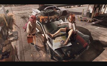 3girls absurdres animal_ear_fluff animal_ears arm_support artist_name black_car black_hair black_shoes black_streaks blue_eyes blue_hair bow braid car commentary crack cracked_floor demon_horns double-parted_bangs driving food fruit gas_can gas_station hair_between_eyes hakos_baelz highres holding holding_phone hololive hololive_english holopromise hood hoodie horns irys_(hololive) journal kokono_ka long_hair map midriff motor_vehicle mouse_ears mouse_tail multicolored_hair multiple_girls navel official_alternate_hairstyle open_mouth ouro_kronii pen phone porsche purple_hair red_hair road road_sign sandals shirt shoes short_hair shorts sign sitting spare_tire standing strawberry subaru_(brand) tail tail_bow tail_ornament thighs traffic_cone trash trash_bag unused_tire virtual_youtuber white_car white_hair white_hoodie white_shirt