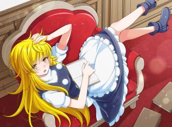 1girl apron black_boots black_skirt black_vest blonde_hair book boots braid breasts commentary_request couch crossed_legs eichi_yuu hand_on_own_head kirisame_marisa long_hair looking_at_viewer messy_hair no_headwear on_couch open_book open_mouth puffy_short_sleeves puffy_sleeves short_sleeves side_braid single_braid skirt solo touhou very_long_hair vest waist_apron white_apron yellow_eyes