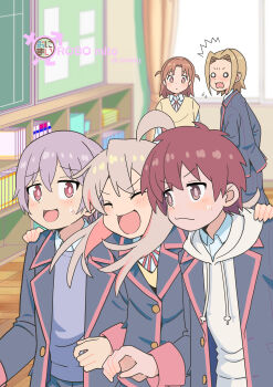 2boys 3girls :d ^^^ ^_^ absurdres ahoge artist_name black_jacket blonde_hair blurry blurry_background brown_eyes brown_hair classroom closed_eyes commentary copyright_name curtains depth_of_field drawstring grey_hair hair_between_eyes hand_on_another's_shoulder highres hood hood_down hoodie indoors jacket light_blush long_hair long_sleeves male-female_symbol multicolored_hair multiple_boys multiple_girls o_o onii-chan_wa_oshimai! open_mouth oyama_mahiro pink_hair robomito sakurada_yuuta school_uniform senkawa_minato shiina_minori short_hair smile sweatdrop takada_satsuki two-tone_hair two_side_up wavy_mouth white_hoodie window yotsuba_university_affiliated_junior_high_school_uniform