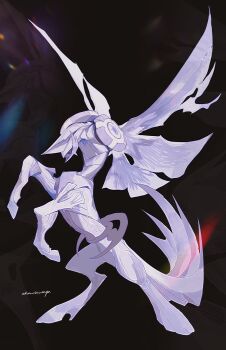 armor black_sclera centauroid colored_sclera gen_4_pokemon highres horns kamikiririp legendary_pokemon limited_palette mane nintendo no_hands no_humans palkia palkia_(origin) pauldrons pokemon pokemon_(creature) pokemon_focus rearing red_eyes shoulder_armor single_horn solo spread_wings tail taur white_wings wings