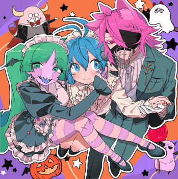 Rule 34 | 1girl, 2boys, ahoge, antenna hair, asmodeus alice, black dress, blue eyes, blue hair, blue tongue, colored eyelashes, colored tongue, commentary request, dress, eyepatch, formal clothes, frilled dress, frills, gloves, green eyes, green hair, halloween costume, hand on another's cheek, hand on another's face, highres, long hair, looking at viewer, maid, mairimashita! iruma-kun, mairimashita! iruma-kun if episode of mafia, mary janes, multiple boys, muzzle (mask), naberius kalego, official alternate costume, patchwork skin, pink hair, pio hmw, red eyes, sharp teeth, shoes, short hair, smile, striped clothes, striped thighhighs, suit, sullivan (iruma-kun), suzuki iruma, teeth, thighhighs, tongue, tongue out, twintails, valac clara, werewolf costume, zombie