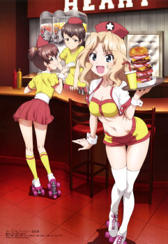 3girls :d absurdres alisa_(girls_und_panzer) bacon blonde_hair blue_eyes breasts brown_eyes brown_hair burger chair cleavage cup drinking_straw food girls_und_panzer hair_ornament halterneck hat headwear_request highres holding holding_paper holding_tray kay_(girls_und_panzer) ketchup_bottle looking_at_viewer looking_back medium_breasts medium_hair megami_magazine miniskirt multiple_girls mustard_bottle naomi_(girls_und_panzer) navel official_art onion open_clothes open_mouth open_shirt paper pepper_shaker red_skirt roller_skates salt_shaker shirt short_hair short_shorts short_sleeves shorts skates skirt smile socks strapless t-shirt table thighhighs tile_floor tiles tray tube_top twintails waitress wang_guo_nian wavy_hair white_shirt white_socks wrist_cuffs yellow_shirt yellow_socks