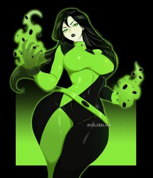 1girl black_bodysuit black_gloves black_hair black_lips bodysuit breasts celebelian colored_skin covered_navel fire flaming_hand gloves green_bodysuit green_eyes green_fire green_gloves green_skin highres kim_possible_(series) large_breasts long_hair looking_at_viewer medium_breasts multicolored_bodysuit shego solo thick_thighs thighs two-tone_bodysuit wide_hips