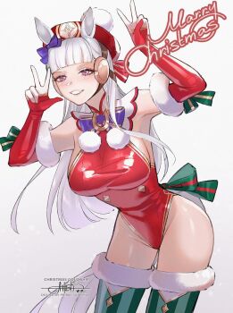 animal_ears blunt_bangs bodysuit bow breasts commentary ear_bow elbow_gloves english_commentary fur-trimmed_thighhighs fur_trim gloves gold_ship_(umamusume) green_bow green_thighhighs grey_hair grin hat highres horse_ears horse_girl horse_tail large_breasts long_hair looking_at_viewer open_mouth princess_ailish purple_bow purple_eyes red_bodysuit red_gloves santa_costume sleeveless sleeveless_bodysuit smile solo tail teeth thighhighs umamusume