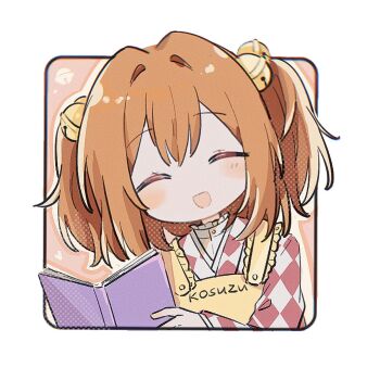 1girl ^_^ apron bell book character_name chromatic_aberration closed_eyes facing_viewer fby1313133 film_grain frills hair_bell hair_intakes hair_ornament highres holding holding_book japanese_clothes kimono medium_hair motoori_kosuzu open_book open_mouth orange_hair red_kimono shirt shirt_under_kimono smile solo touhou two-tone_kimono two_side_up upper_body variant_set white_kimono white_shirt yellow_apron