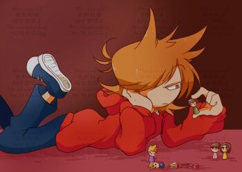 1boy black_pants black_shoes brown_hair character_doll commentary_request doll edd_(eddsworld) eddsworld holding hood hood_down hoodie long_sleeves lying male_focus matt_(eddsworld) on_stomach pants patryck_(eddsworld) paul_(eddsworld) red_eyes red_hoodie red_theme reon_(02779) shoes short_hair sneakers solo tom_(eddsworld) too_many_watermarks tord_(eddsworld) watermark