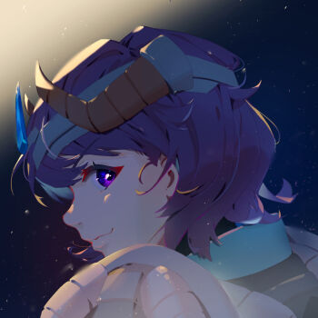 1girl armor blue_background blue_eyes blue_hair collar cropped_shoulders dsprite23 from_side horns looking_to_the_side medium_hair original portrait shoulder_armor solo