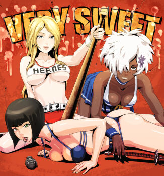 3girls afro ass bad_girl_(no_more_heroes) baseball_bat belt bikini black_hair blonde_hair blunt_bangs bob_cut breasts brown_eyes cheerleader cleavage crop_top dark-skinned_female dark_skin explosive grasshopper_manufacture green_eyes grenade grey_eyes hair_ornament hair_over_one_eye holly_summers katana large_breasts long_hair lying mouth_hold multiple_girls navel no_more_heroes on_stomach panties shinobu_(no_more_heroes) shinobu_jacobs short_hair short_shorts shorts skirt swimsuit sword thong thong_bikini underboob underwear usatarou weapon white_hair