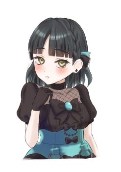 Rule 34 | 1girl, absurdres, black bow, black dress, black hair, blush, bow, breasts, commentary, cropped torso, dress, dress bow, earrings, green eyes, highres, jewelry, link! like! love live!, looking at viewer, love live!, medium breasts, medium hair, momose ginko, new black (love live!), open mouth, ponyou1030, puffy short sleeves, puffy sleeves, short sleeves, solo, spade (shape), spade earrings, stud earrings, underbust, virtual youtuber
