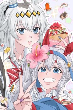 :i ahoge animal_ears artist_name blue_eyes blue_headband bow bow_sticker bowtie closed_mouth collared_shirt commentary_request ear_covers ear_ornament eating flower food fruit grey_hair hair_between_eyes hair_flower hair_ornament hairband headband horse_ears horse_girl iseo_12 jacket kiwi_(fruit) korean_commentary long_hair looking_at_viewer multicolored_hair oguri_cap_(umamusume) red_bow red_bowtie red_headband shirt sparkle star_(symbol) star_sticker sticker tamamo_cross_(umamusume) two-tone_hair two-tone_headband umamusume watermark web_address white_shirt