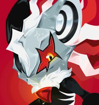 1boy animal_ears black_fur colored_sclera furry grey_mask highres infinite_(sonic) infinithiez no_mouth phantom_ruby red_background red_sclera sonic_(series) sonic_forces upper_body white_fur yellow_eyes