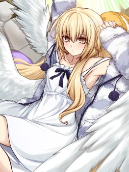 Rule 34 | 1girl, angel wings, bare shoulders, blonde hair, blush, breasts, commentary request, dress, fate/grand order, fate (series), feathered wings, grey sweater, highres, jeanne d'arc (fate), kawairuka ko, long hair, long sleeves, looking at viewer, medium breasts, metatron jeanne (fate), metatron jeanne (second ascension) (fate), off shoulder, solo, striped clothes, striped sweater, sweater, thighs, very long hair, white dress, wings, yellow eyes