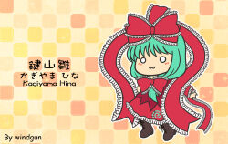 Rule 34 | 1girl, :3, artist name, boots, bow, bowtie, brown footwear, character name, chibi, closed mouth, english text, frilled ribbon, frills, front ponytail, full body, green hair, kagiyama hina, large ribbon, medium hair, red bow, red bowtie, red ribbon, red skirt, ribbon, simple background, skirt, solid circle eyes, solo, touhou, windgun, yellow background
