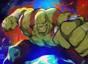 Rule 34 | 1boy, bandaged wrist, bandages, blue background, clenched hands, clenched teeth, colored skin, coran stone, crazy grin, drax the destroyer, fighting stance, green skin, guardians of the galaxy, highres, knee guards, male focus, marvel, marvel, muscular, muscular male, no pupils, pants, purple pants, signature, teeth, topless male