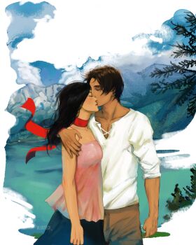 1boy 1girl absurdres arm_around_shoulder artist_name bare_shoulders black_hair blue_skirt blustock border breasts brown_hair brown_pants closed_eyes commentary couple cowboy_shot english_commentary eren_yeager facial_scar hetero highres kiss kissing_cheek lake long_hair medium_breasts mikasa_ackerman mountain outdoors pants parted_bangs pine_tree pink_shirt red_scarf scar scar_on_cheek scar_on_face scarf shingeki_no_kyojin shirt short_hair skirt spaghetti_strap tree white_border white_shirt