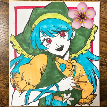 1girl :d absurdres apron chisel dress flower frilled_dress frills green_apron green_headscarf haniyasushin_keiki headscarf highres jewelry limited_palette long_hair magatama magatama_necklace necklace open_mouth pocket puffy_short_sleeves puffy_sleeves red_eyes rhodium_(rh) short_sleeves single_strap smile solo teeth tools touhou traditional_media upper_teeth_only very_long_hair wood_carving_tool yellow_dress