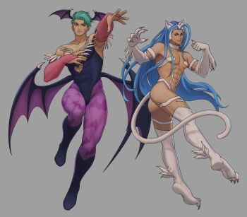 2boys abs animal_ears ass bat_wings blue_hair cat_boy cat_ears cat_tail cosplay darkstalkers felicia_(darkstalkers) green_hair head_wings highres jamie_siu leggings long_hair luke_sullivan morrigan_aensland multiple_boys pelini802 street_fighter street_fighter_6 tail wings