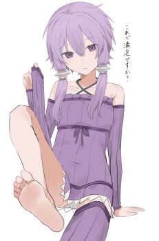 1girl absurdres aii_mitei arm_support bare_shoulders barefoot breasts closed_mouth collarbone commentary_request criss-cross_halter detached_sleeves dress empire_waist feet foot_focus frilled_dress frills hair_between_eyes hair_ornament halter_dress halterneck hand_up highres holding holding_legwear holding_unworn_clothes leg_up long_hair long_sleeves looking_at_viewer purple_dress purple_eyes purple_hair purple_sleeves purple_thighhighs ribbed_dress ribbed_thighhighs short_dress short_hair_with_long_locks sidelocks simple_background single_bare_foot single_bare_leg single_thighhigh sitting small_breasts soles solo thighhighs toes unworn_thighhighs vocaloid voiceroid white_background yuzuki_yukari