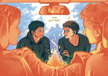 Rule 34 | 2boys, black hair, black shirt, brown hair, commentary, crossed arms, drawstring, english commentary, english text, eye contact, fire, hand on another's shoulder, heated rivalry, highres, hood, hood down, hoodie, ilya rozanov, long sleeves, looking at another, male focus, multiple boys, multiple views, outdoors, rear-view mirror, shane hollander, shirt, smile, tree, water, xiaoarts, yaoi