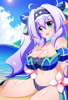 1girl aqua_eyes beach breast_suppress breasts cleavage cloud commentary_request elf hand_on_own_chest large_breasts long_hair looking_at_viewer oborotsuki_kakeru ocean open_mouth oppai_loli original pointy_ears purple_hair sand sky smile solo sun swimsuit thighs twintails