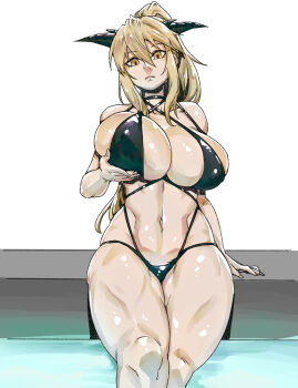 1girl absurdres artoria_pendragon_(fate) artoria_pendragon_(lancer_alter)_(fate) bare_shoulders bikini black_bikini blonde_hair braid breasts choker cleavage commentary english_commentary fate/grand_order fate_(series) hair_between_eyes high_ponytail highres horns large_breasts long_hair looking_at_viewer minew navel ponytail pool poolside sidelocks sitting solo swimsuit thighs water yellow_eyes