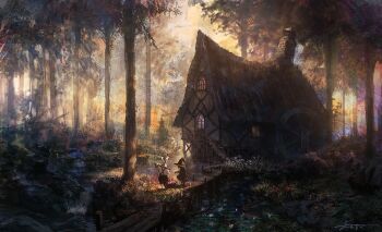 1girl axe black_dress rabbit dress fantasy forest hat house nature original path road scenery tree water_wheel weapon witch witch_hat you_(shimizu)