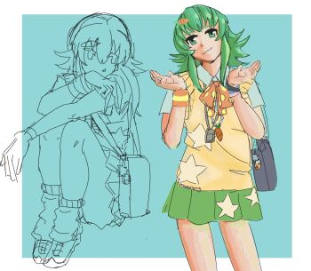 Rule 34 | 1girl, :3, bag, black bag, blue background, border, bracelet, carrot hair ornament, charm (object), closed mouth, collared shirt, food-themed hair ornament, green eyes, green hair, green nails, green skirt, gumi, hair ornament, hatsuno, i can't wait (synthesizer v), jewelry, medium hair, necklace, orange ribbon, orange sweater, polka dot, polka dot ribbon, ribbon, shirt, short sleeves, sidelocks, signature, sitting, skirt, sleeveless, sleeveless sweater, solo, star (symbol), star print, sweater, synthesizer v, vocaloid, white border, white shirt