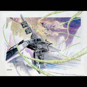 1980s_(style) battle cloud commentary contrail duel energy_cannon english_commentary flying gerwalk gunpod itano_circus jeff_sorley macross macross:_do_you_remember_love? mecha mecha_focus missile missile_pod no_humans ocean oldschool painting_(medium) retro_artstyle robot roundel scan scene_reference science_fiction signature traditional_media u.n._spacy vf-1 vf-1s water watercolor_(medium)