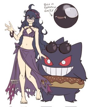 1girl @_@ ahoge alternate_costume ball beachball bead_bracelet beads bikini black_eyes black_hair black_nails bow bracelet clothed_pokemon collarbone colored_sclera commentary donut donut_innertube english_commentary evil_grin evil_smile eyewear_on_head flat_chest food gastly gen_1_pokemon gengar grin hair_ornament hairband hand_up hex_maniac_(pokemon) hex_maniac_(pokemon_xy) highres hip_bones innertube jewelry long_hair long_skirt messy_hair nail_polish navel nintendo o-ring o-ring_collar pale_skin partially_shaded_face pokemon pokemon_(creature) pokemon_xy portuguese_text purple_bikini purple_hairband purple_sarong red_sclera sarong shaded_face skirt smile sunglasses swim_ring swimsuit toenail_polish toenails torn_clothes torn_sarong torn_skirt translation_request very_long_hair wanderjegson white_eyes