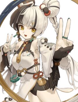 1girl absurdres bare_shoulders black_hair braid breasts detached_sleeves dialyn_(zenless_zone_zero) dress earrings hashtag-only_commentary highres jewelry komodo long_hair looking_at_viewer medium_breasts multicolored_hair open_mouth solo split-color_hair twin_braids v white_dress white_hair yellow_eyes zenless_zone_zero