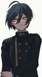 Rule 34 | 1boy, absurdres, ahoge, black hair, black jacket, buttons, danganronpa (series), danganronpa v3: killing harmony, double-breasted, hair between eyes, highres, jacket, long sleeves, saihara shuichi, short hair, simple background, solo, striped clothes, striped jacket, teeth, toga no, upper body, white background, yellow eyes