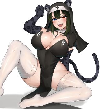 1girl absurdres animal_ear_fluff animal_ears black_dress black_gloves black_hair black_veil blue_eyes blush breasts cleavage commentary commission cross cross_necklace double-parted_bangs dress elbow_gloves english_commentary foot_out_of_frame gloves hair_between_eyes heterochromia highres jewelry leiden_yaegore looking_at_viewer medium_hair necklace no_shoes open_mouth original pelvic_curtain red_eyes sidelocks simple_background sitting sleeveless sleeveless_dress smile solo spread_legs tail thighhighs veil white_background white_thighhighs