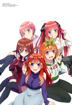 5girls :d absurdres black_legwear blue_eyes blue_shirt blunt_bangs bow brown_hair closed_mouth denim dress feet_out_of_frame floral_print floral_print_skirt go-toubun_no_hanayome green_hoodie green_pants green_skirt grey_skirt grin hair_between_eyes hair_bow hair_ornament headphones headphones_around_neck highres hood hoodie index_finger_raised jeans k_utao long_bangs long_hair long_sleeves looking_at_viewer medium_hair megami_magazine multiple_girls nakano_ichika nakano_itsuki nakano_miku nakano_nino nakano_yotsuba official_art open_mouth orange_hair pants pantyhose pink_hair print_skirt purple_dress purple_shirt red_hair scan shirt short_hair siblings sidelocks simple_background sisters sitting skirt smile star_(symbol) star_hair_ornament sweater teeth twintails upper_teeth_only v white_background white_shirt