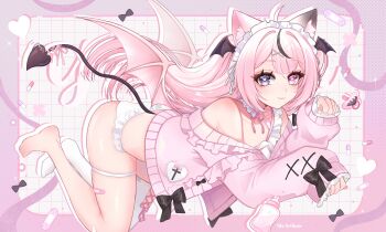 Rule 34 | 1girl, absurdres, aki hoshino, animal ear fluff, animal ears, artist name, baby bottle, bandaid, bandaid on leg, black bow, black hair, black wings, bottle, bow, commentary, demon tail, english commentary, grey hair, head wings, heart, heart-shaped pupils, heterochromia, highres, indie virtual youtuber, long hair, multicolored hair, piercing, pill, pink hair, single bare foot, single thighhigh, sleeves past wrists, solo, streaked hair, symbol-shaped pupils, tail, tail ornament, tail piercing, thighhighs, virtual youtuber, wings, yumezuki yomi