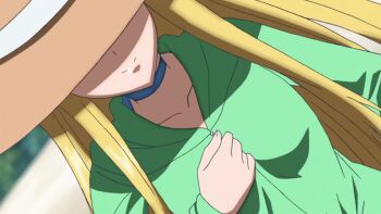 1girl animated anime_screenshot asia_argento blonde_hair blue_one-piece_swimsuit bouncing_breasts breasts cleavage collarbone green_jacket hat high_school_dxd highres jacket long_hair medium_breasts one-piece_swimsuit smile sound swimsuit tagme undressing video