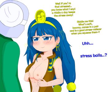 1boy 1girl absurdres artist_self-insert blue_eyes blue_hair blue_skin blush breasts colored_skin earrings fossilized_wonders highres jewelry long_hair looking_at_another michigami_nareko navel nipples open_clothes solo sweat touhou xsmile