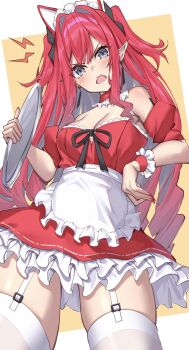 Rule 34 | 1girl, absurdres, animal ears, baobhan sith (fate), blush, breasts, cat ears, dress, fake animal ears, fate/grand order, fate (series), frilled dress, frills, grey eyes, highres, holding, holding tray, long hair, looking at viewer, maid headdress, open mouth, pink hair, pointy ears, red dress, solo, thighhighs, toukan, tray, white thighhighs