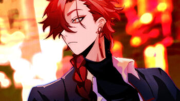 1boy black_coat black_shirt blurry blurry_background braid braided_ponytail closed_mouth coat coat_on_shoulders collared_shirt commentary earrings hair_over_one_eye hair_over_shoulder jewelry lio0oil_0 long_hair looking_to_the_side male_focus outdoors red_eyes red_hair shiguang_dailiren shirt single_braid single_earring solo tassel tassel_earrings turtleneck undershirt upper_body white_shirt xiao_weiying